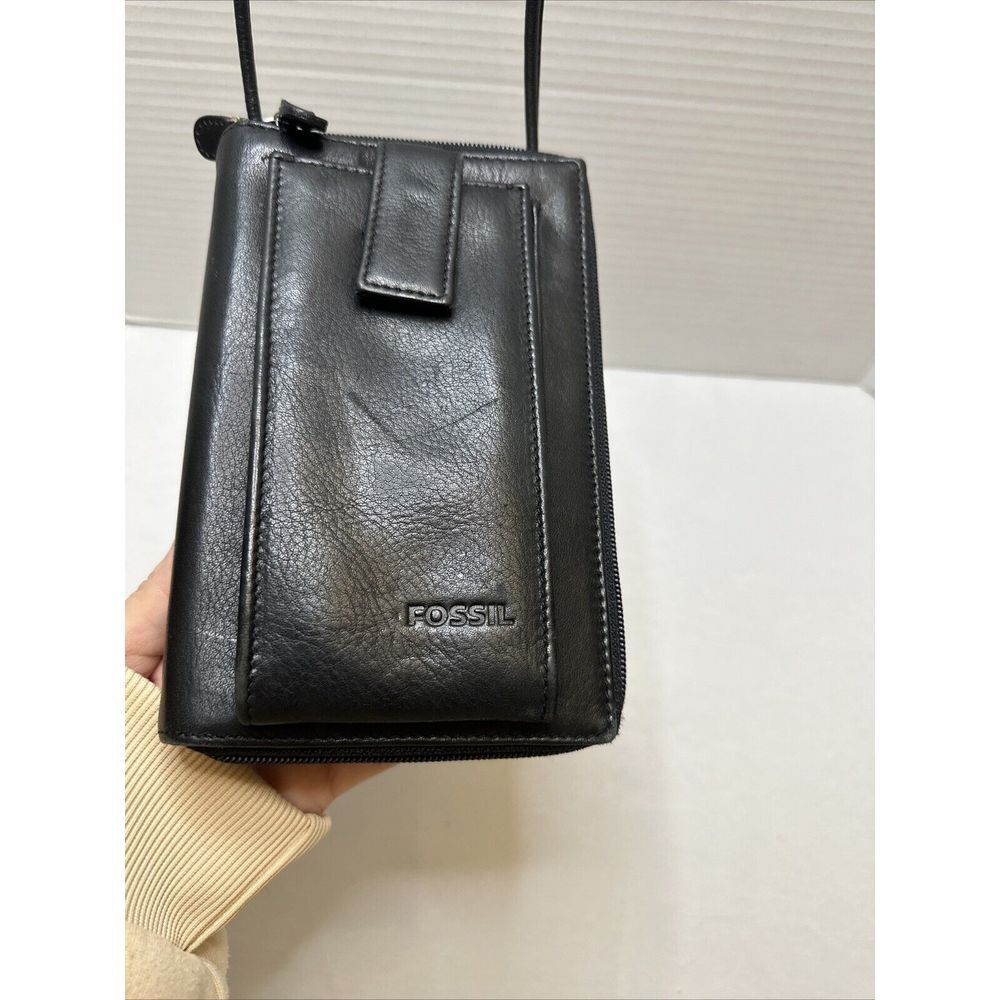 Fossil Vintage Black Leather Mini Crossbody Bag Zippered Organizer Clutch Wallet